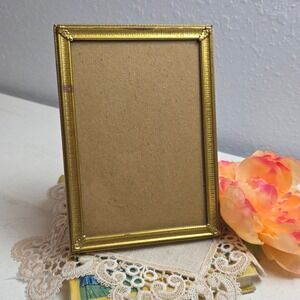 Vintage Gold Tone Metal Picture Frame Floral Corners Rectangular Tabletop